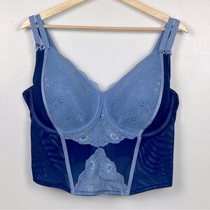 Adored by Adore Me blue lace & mesh longline corset style underwire bra, 3X.